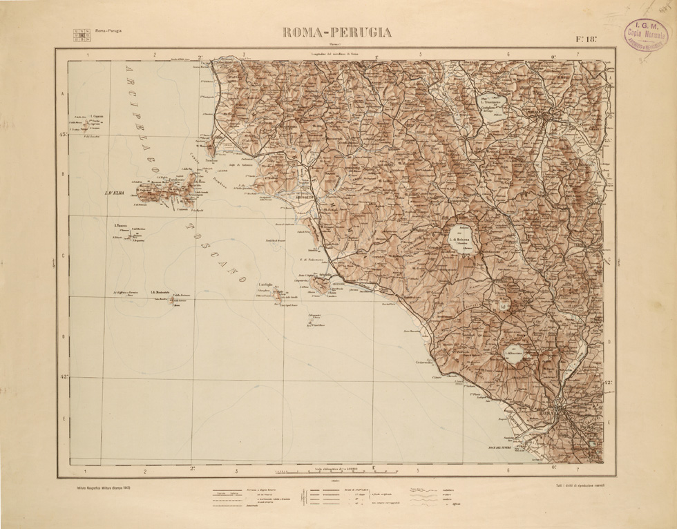 (N:26410) CARTA COROGRAFICA DEL REGNO D'ITALIA E DELLE REGIONI ADIACENTI EDIZIONE 1935-1937 FOGLIO 18 ROMA-PERUGIA (SE000019) Carte e stampe antiche: riproduzione a colori su carta (formato A1)