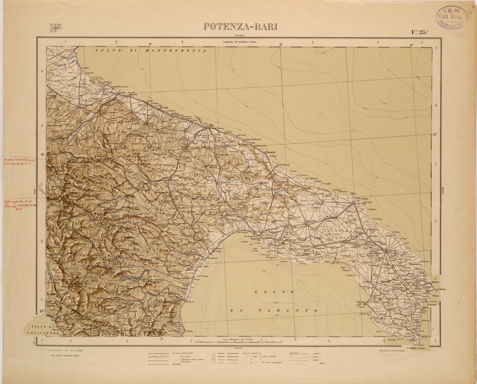 (N:26462) CARTA COROGRAFICA DEL REGNO D'ITALIA E DELLE REGIONI ADIACENTI EDIZIONE 1935-1937 FOGLIO 25 POTENZA-BARI (SE000027) Carte e stampe antiche: riproduzione a colori su carta (formato A1)