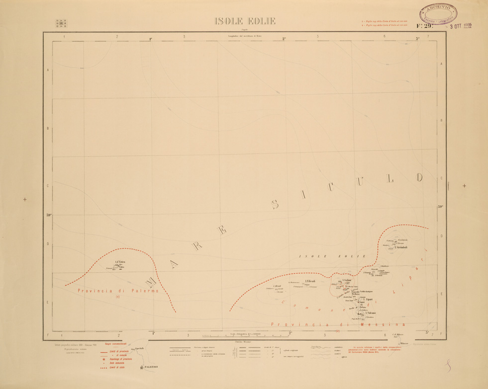 (N:26493) CARTA COROGRAFICA D'ITALIA FOGLIO 29 ISOLE EOLIE (SE000055) Carte e stampe antiche: riproduzione a colori su carta (formato A1)