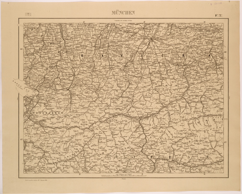 (N:26503) CARTA COROGRAFICA DEL REGNO D'ITALIA E DELLE REGIONI ADIACENTI FOGLIO 3 MUNCHEN (SE000065) Carte e stampe antiche: riproduzione a colori su carta (formato A1)