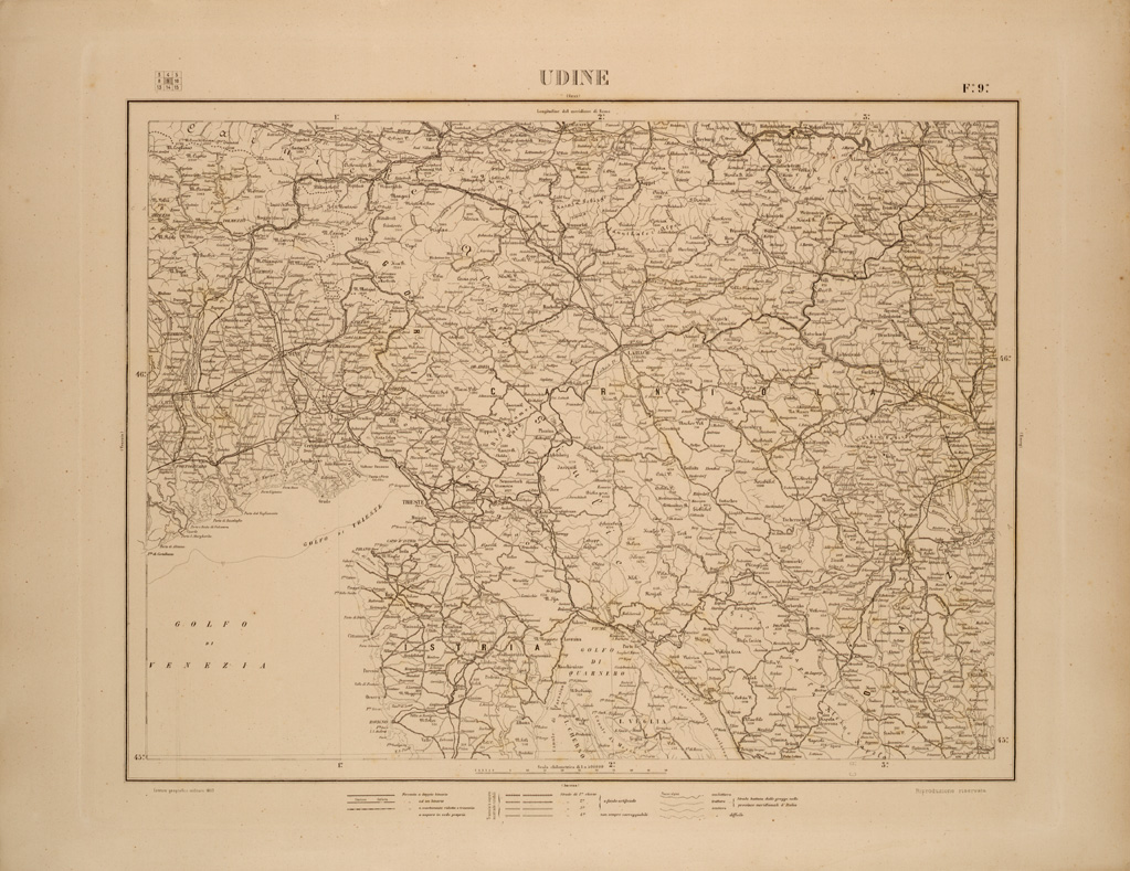 (N:26508) CARTA COROGRAFICA DEL REGNO D'ITALIA E DELLE REGIONI ADIACENTI FOGLIO 9 UDINE (SE000070) Carte e stampe antiche: riproduzione a colori su carta (formato A1)
