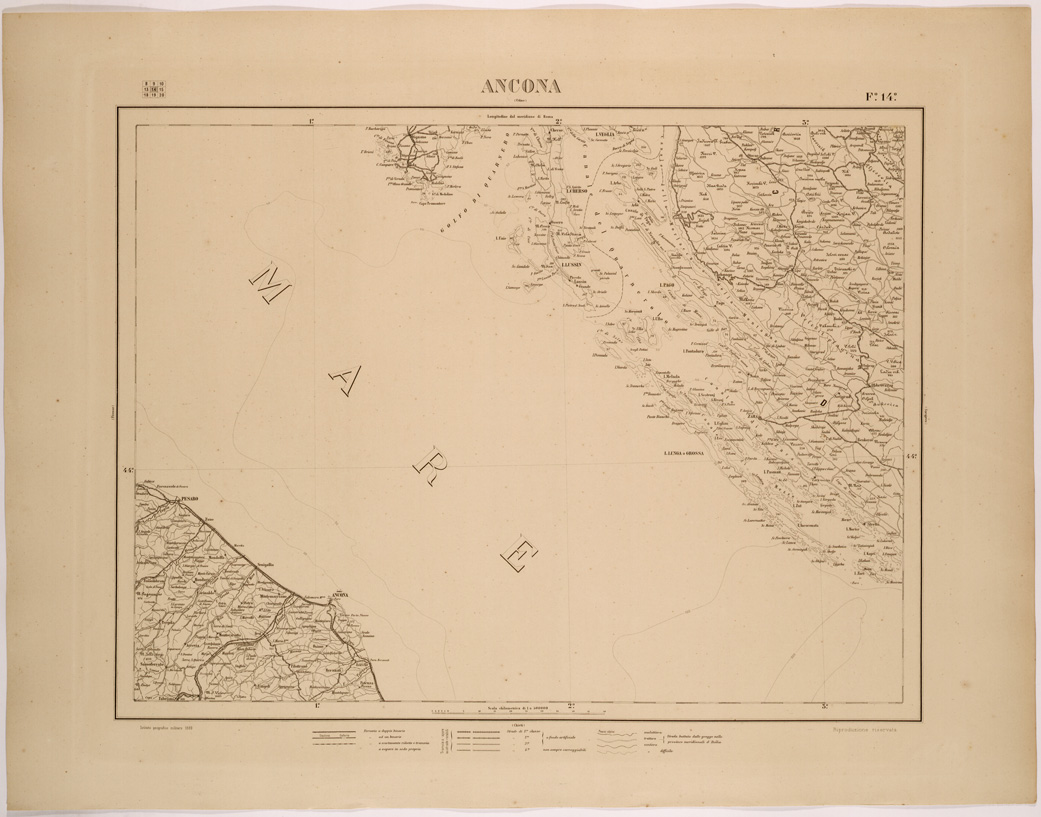 (N:26515) CARTA COROGRAFICA DEL REGNO D'ITALIA E DELLE REGIONI ADIACENTI FOGLIO 14 ANCONA (SE000075) Carte e stampe antiche: riproduzione a colori su carta (formato A1)