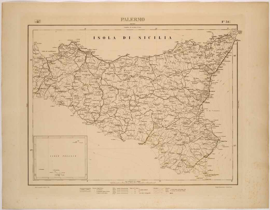(N:26544) CARTA COROGRAFICA DEL REGNO D'ITALIA E DELLE REGIONI ADIACENTI FOGLIO 34 PALERMO (SE000092) Carte e stampe antiche: riproduzione a colori su carta (formato A1)