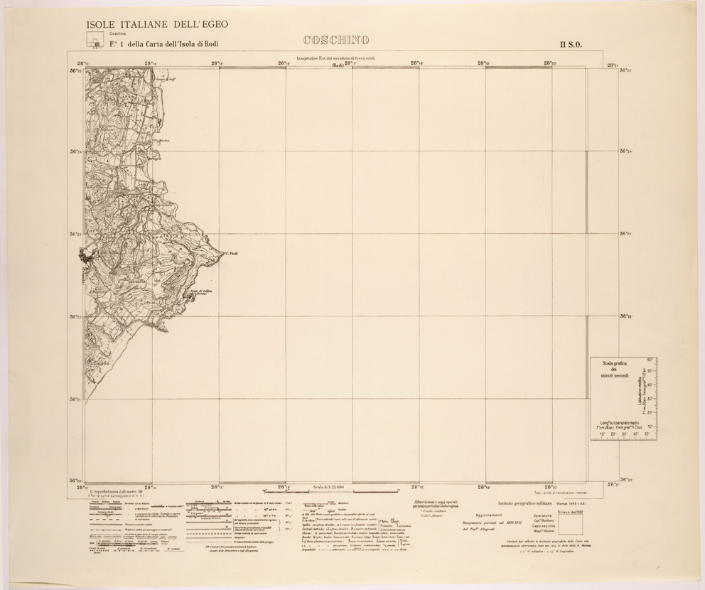 (N:26372) ISOLE ITALIANE DELL'EGEO AL 25.000 - ISOLA DI RODI - FOGLIO 1 II SO - COSCHINO
 (SE000103) Carte e stampe antiche: riproduzione a colori su carta (formato A1)