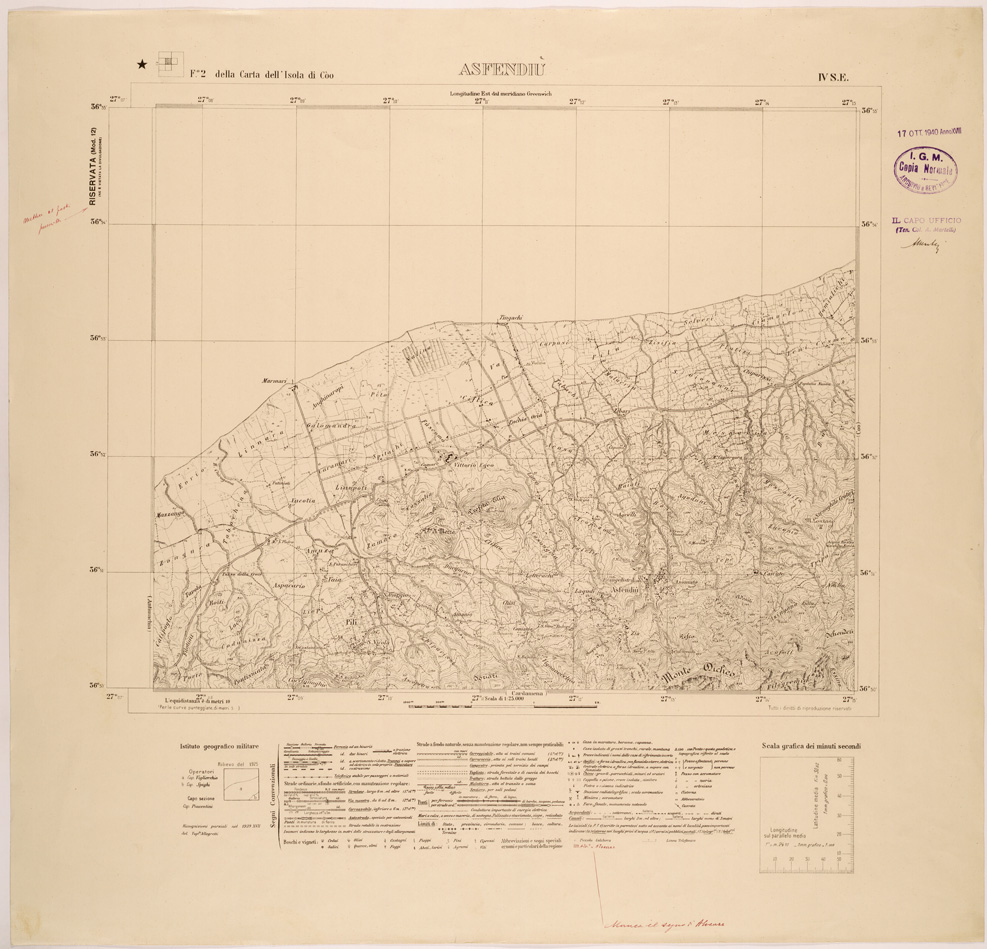 (N:26421) ISOLE ITALIANE DELL'EGEO AL 25.000 - ISOLA DI COO - FOGLIO 2 IV SE - ASFENDIU (SE000135) Carte e stampe antiche: riproduzione a colori su carta (formato A1)