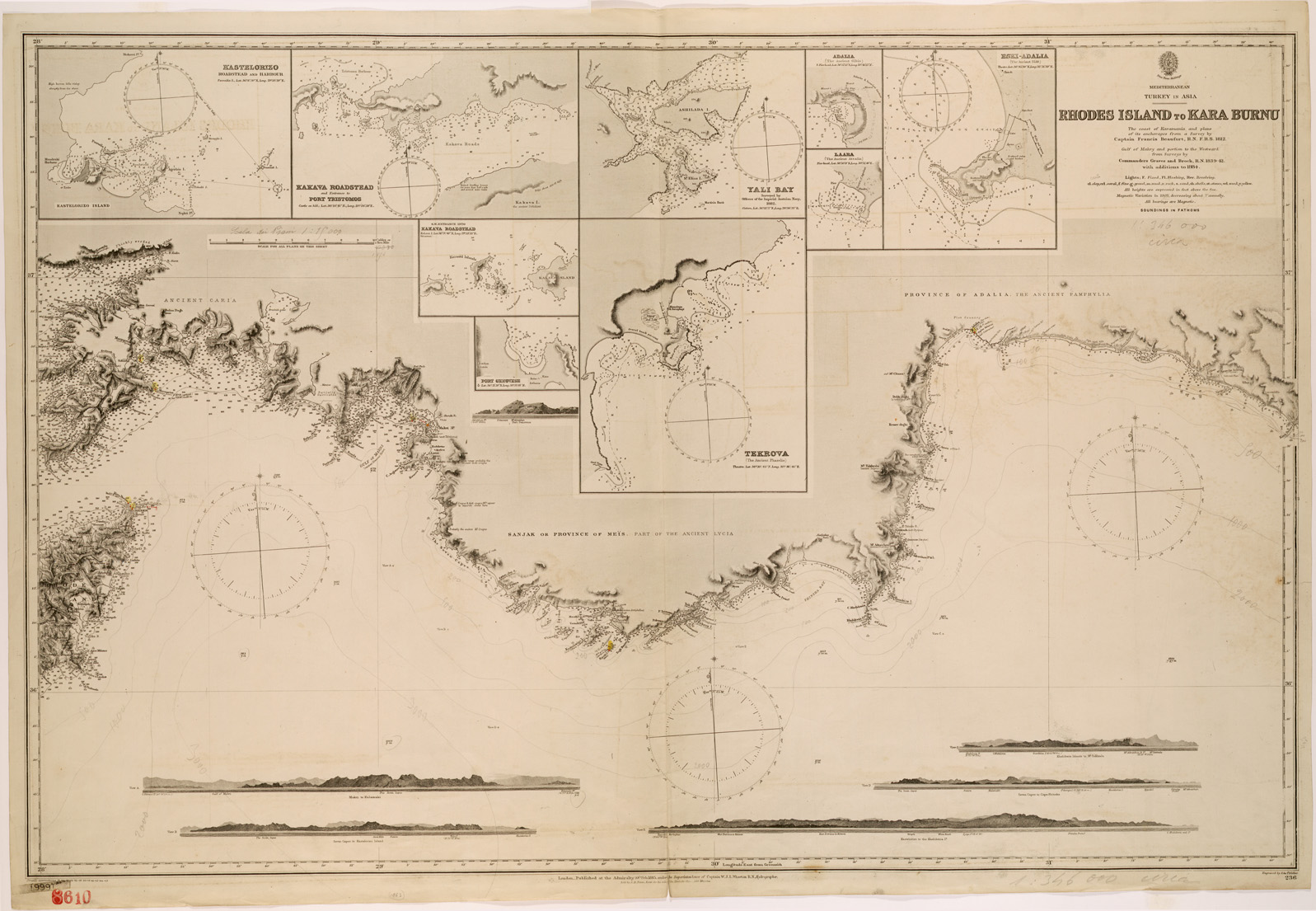 (N:26657) AMMIRAGLIATO INGLESE - RHODES ISLAND TO KARA BURNU (SE000403) Carte e stampe antiche: riproduzione a colori su carta (formato A1)