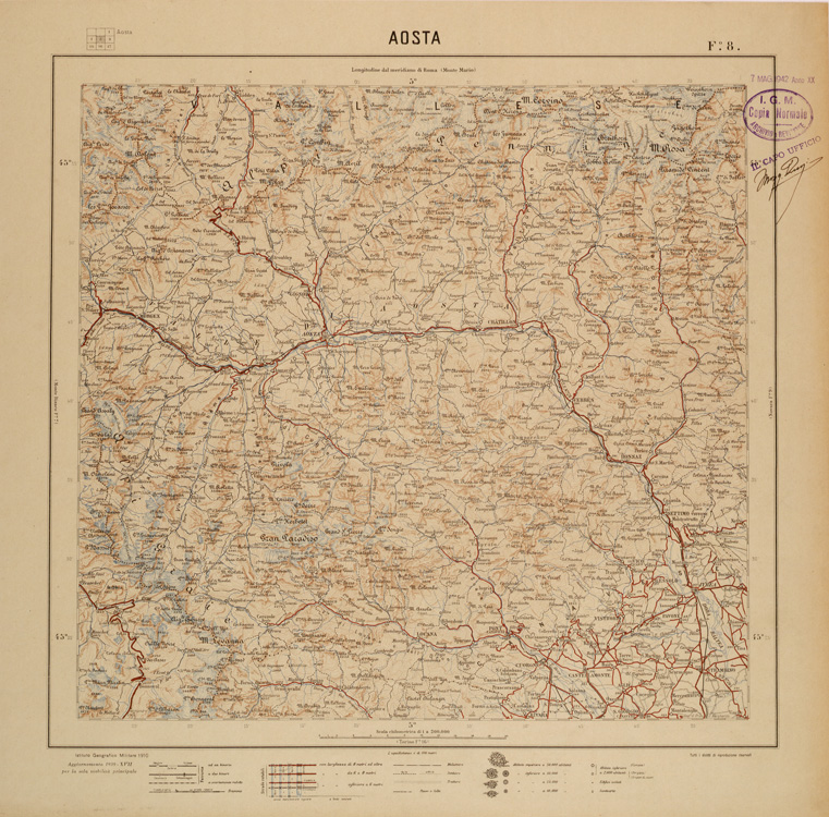 (N:26810) CARTA DEL REGNO D'ITALIA AL 200.000 - FOGLIO 08 - AOSTA (SE000562) Carte e stampe antiche: riproduzione a colori su carta (formato A1)