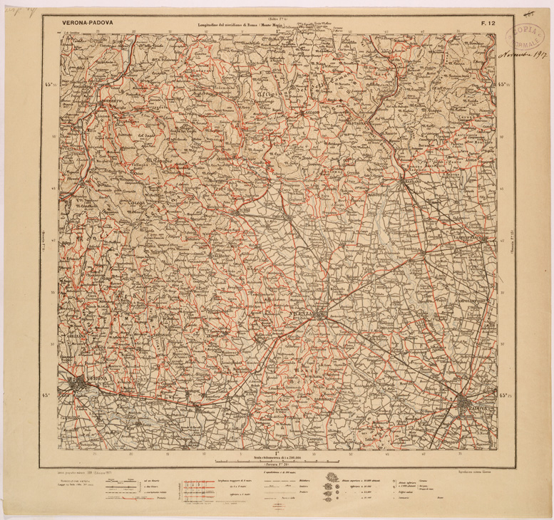 (N:26814) CARTA DEL REGNO D'ITALIA AL 200.000 - FOGLIO 12 - VERONA - PADOVA (SE000566) Carte e stampe antiche: riproduzione a colori su carta (formato A1)