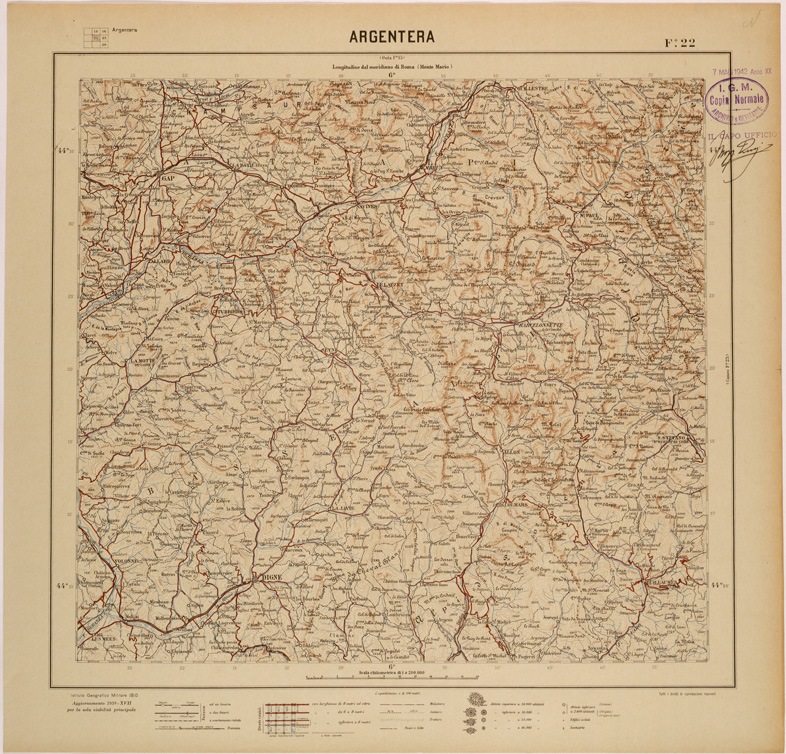 (N:26825) CARTA DEL REGNO D'ITALIA AL 200.000 - FOGLIO 22 - ARGENTERA (SE000576) Carte e stampe antiche: riproduzione a colori su carta (formato A1)