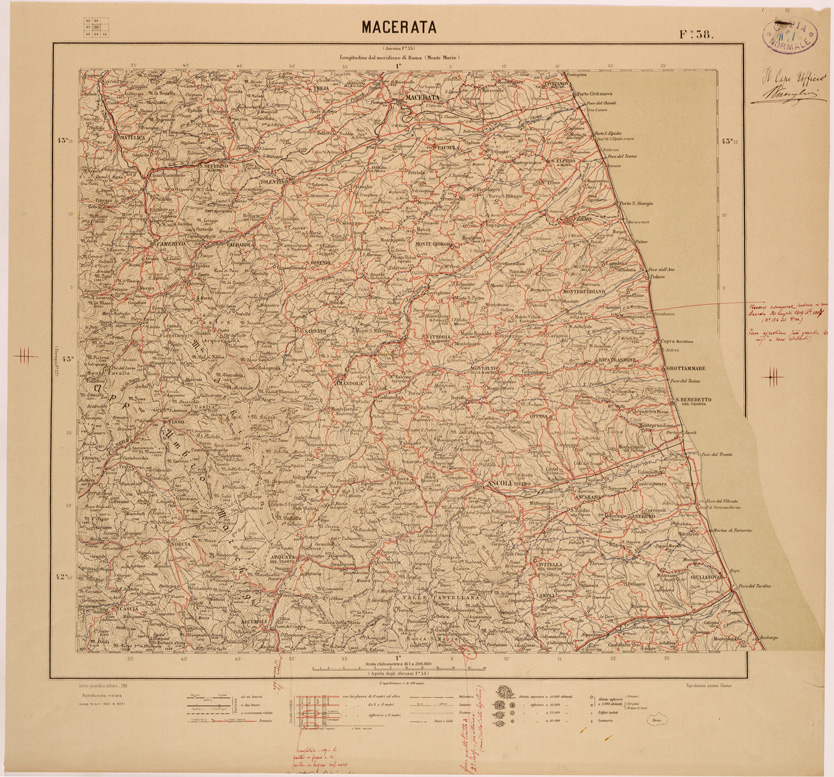 (N:26845) CARTA DEL REGNO D'ITALIA AL 200.000 - FOGLIO 38 - MACERATA (SE000590) Carte e stampe antiche: riproduzione a colori su carta (formato A1)