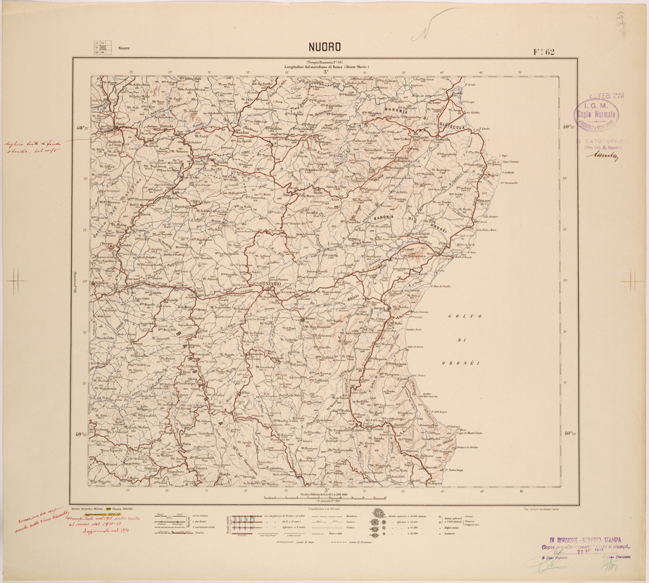 (N:26865) CARTA DEL REGNO D'ITALIA AL 200.000 - FOGLIO 62 - NUORO (SE000598) Carte e stampe antiche: riproduzione a colori su carta (formato A1)