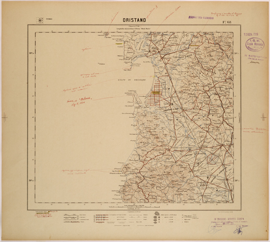 (N:26867) CARTA DEL REGNO D'ITALIA AL 200.000 - FOGLIO 68 - ORISTANO (SE000599) Carte e stampe antiche: riproduzione a colori su carta (formato A1)