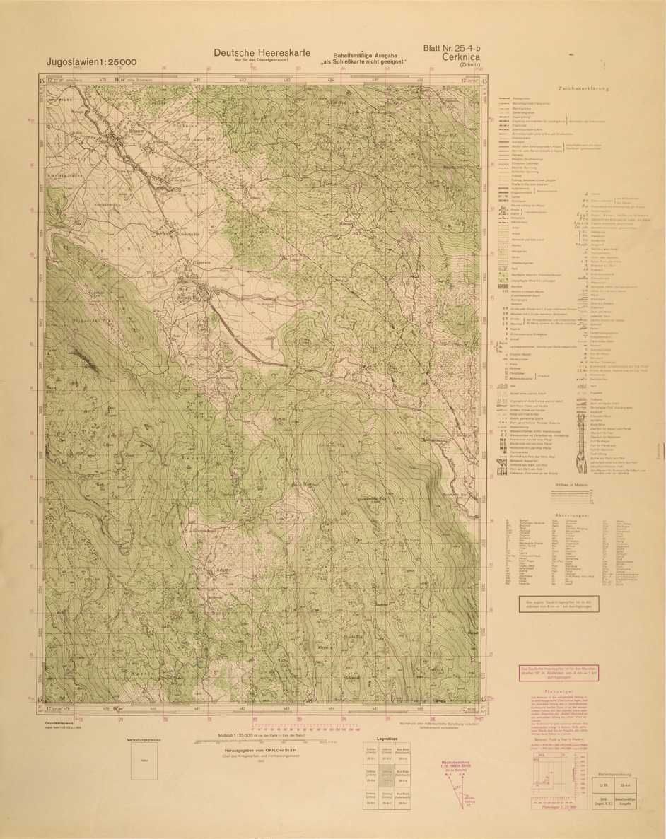 (N:26974) JUGOSLAVIA AL 25.000 - EDIZIONE TEDESCA - CERKNICA 25-4-B. (SE000825) Carte e stampe antiche: riproduzione a colori su carta (formato A1)