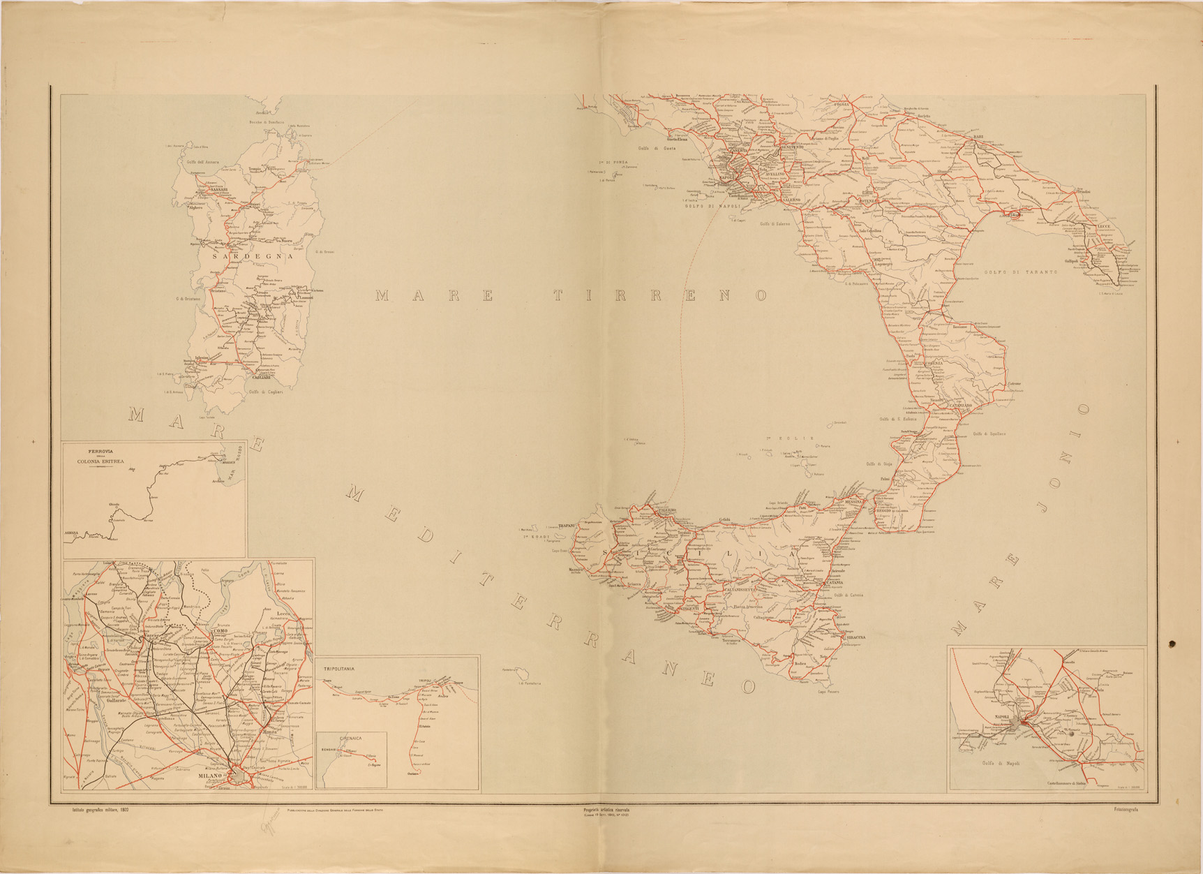 (N:27042) CARTA DELLE FERROVIE E TRAMVIE DEL REGNO D'ITALIA - TAVOLA SUD (SE000891) Carte e stampe antiche: riproduzione a colori su carta (formato A1)