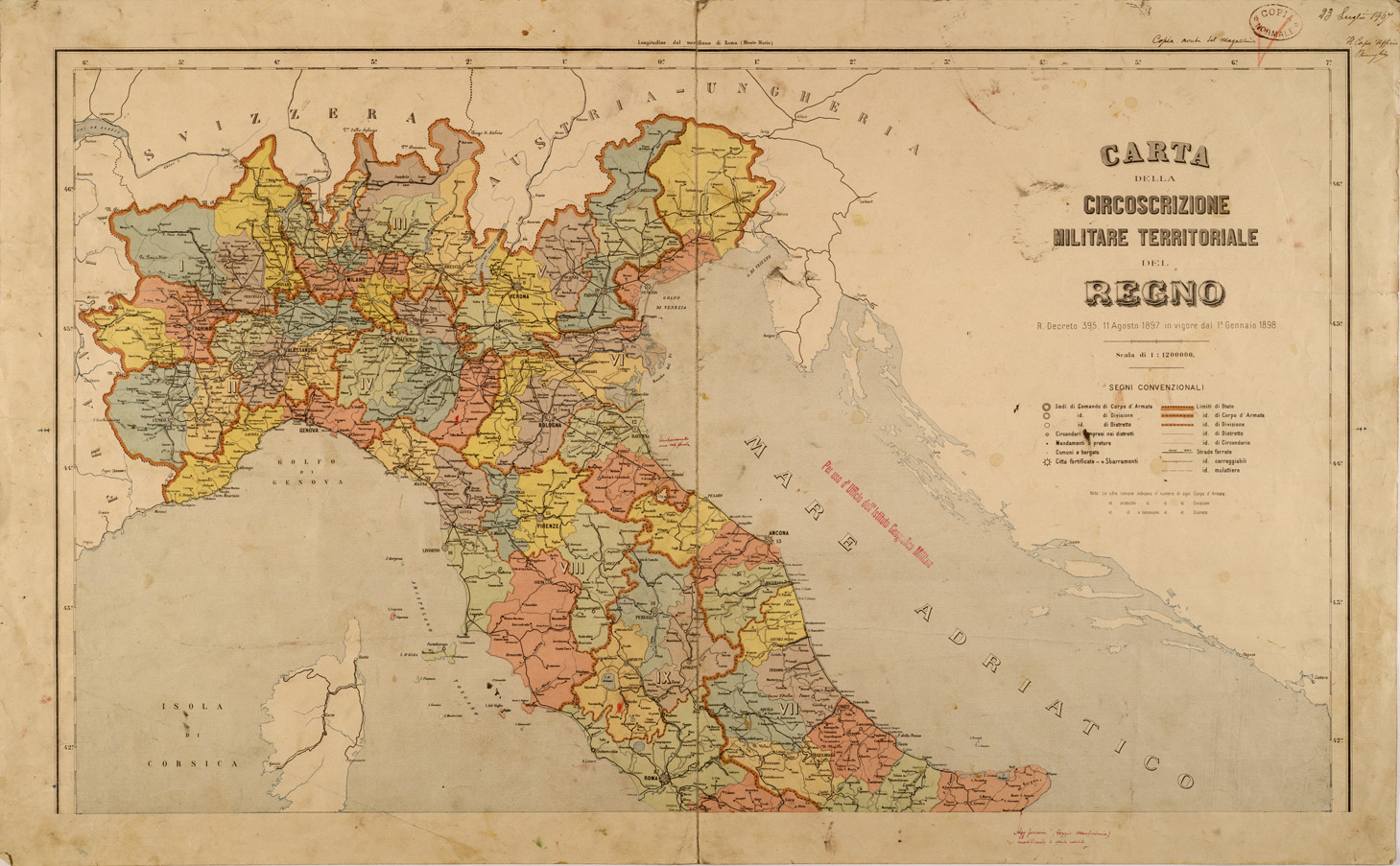 (N:27050) CARTA DELLA CIRCOSCRIZIONE MILITARE TERRITORIALE DEL REGNO - FOGLIO NORD (SE000905) Carte e stampe antiche: riproduzione a colori su carta (formato A1)