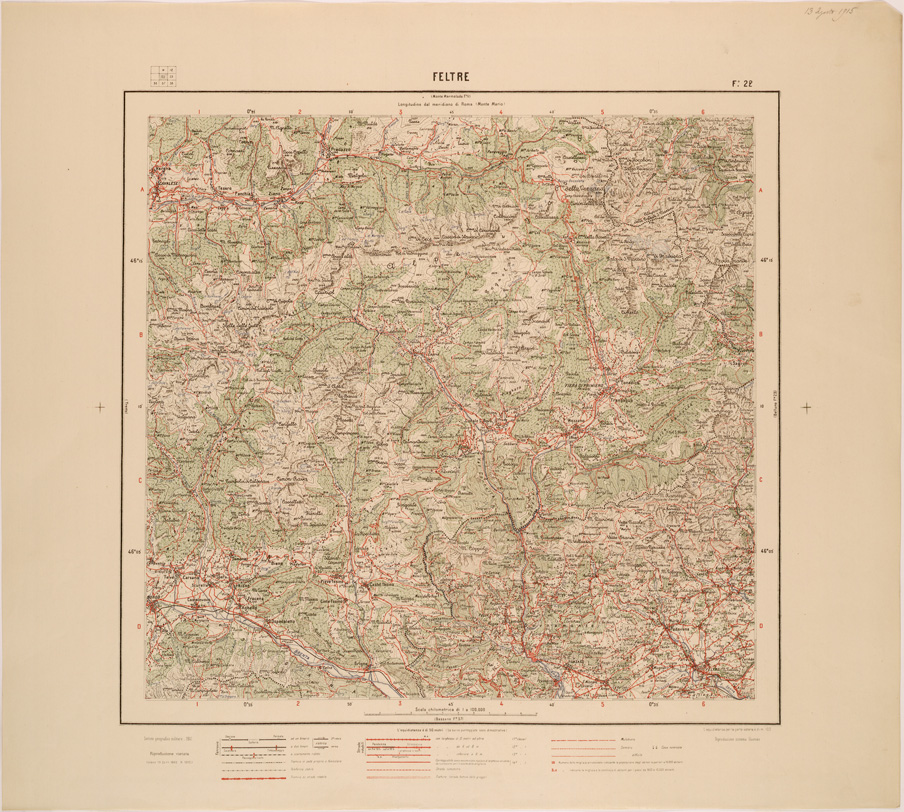 (N:27105) CARTA D'ITALIA - FOGLIO 022 - FELTRE (SE000960) Carte e stampe antiche: riproduzione a colori su carta (formato A1)