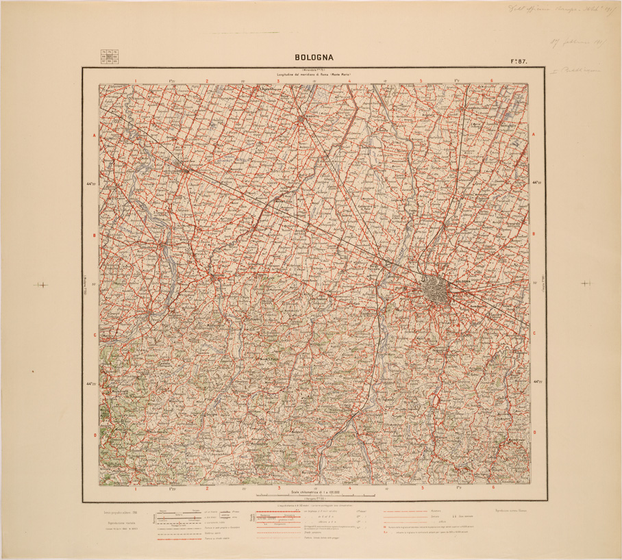 (N:27179) CARTA D'ITALIA - FOGLIO 087 - BOLOGNA (SE000980) Carte e stampe antiche: riproduzione a colori su carta (formato A1)