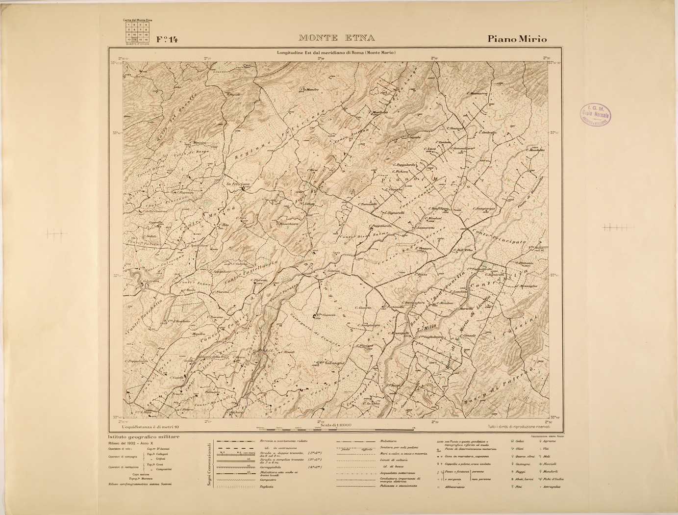 (N:27372) MONTE ETNA - FOGLIO 14 - PIANO MIRIO (SE001022) Carte e stampe antiche: riproduzione a colori su carta (formato A1)
