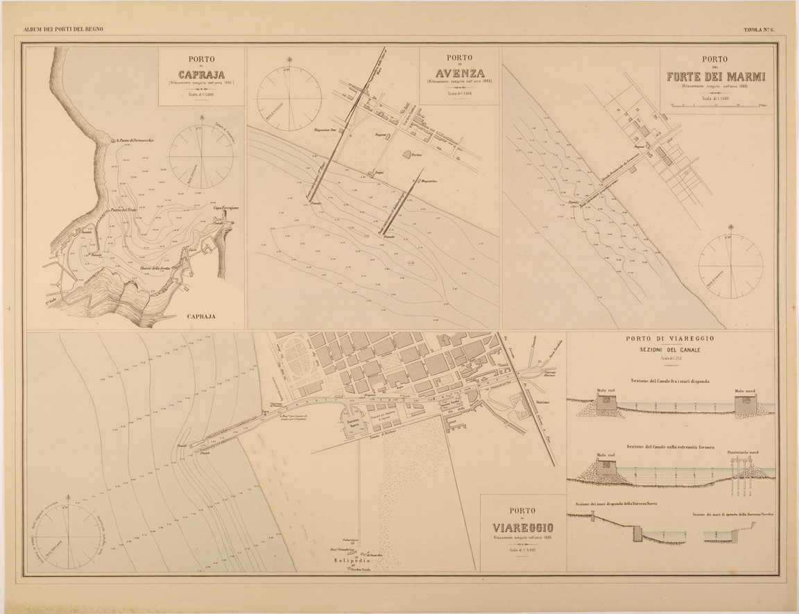 (N:27383) ALBUM DEI PORTI MARITTIMI DEL REGNO D'ITALIA - TAVOLA 06 - PORTI DI CAPRAIA - AVENZA - FORTE DEI MARMI - VIAREGGIO (SE001033) Carte e stampe antiche: riproduzione a colori su carta (formato A1)