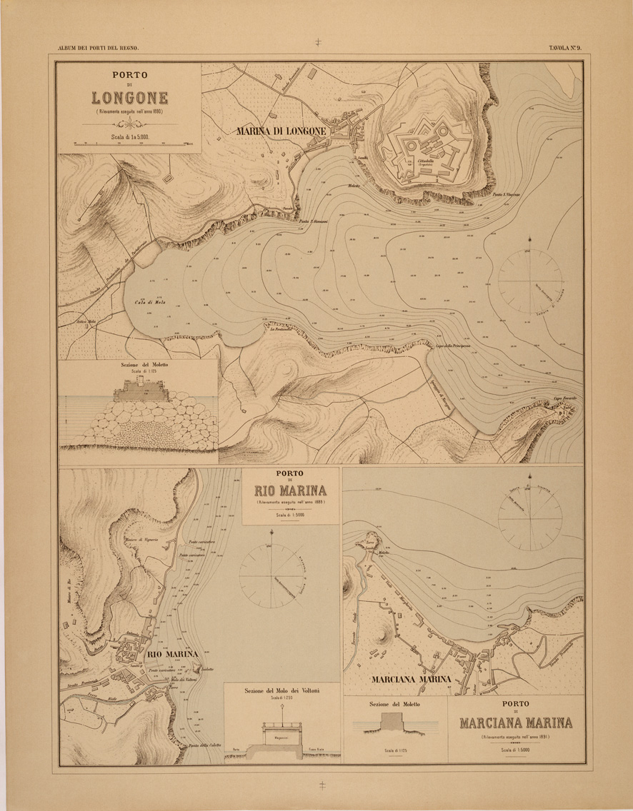 (N:27386) ALBUM DEI PORTI MARITTIMI DEL REGNO D'ITALIA - TAVOLA 09 - PORTI DI LONGONE - RIO MARINA - MARCIANA MARINA (SE001036) Carte e stampe antiche: riproduzione a colori su carta (formato A1)