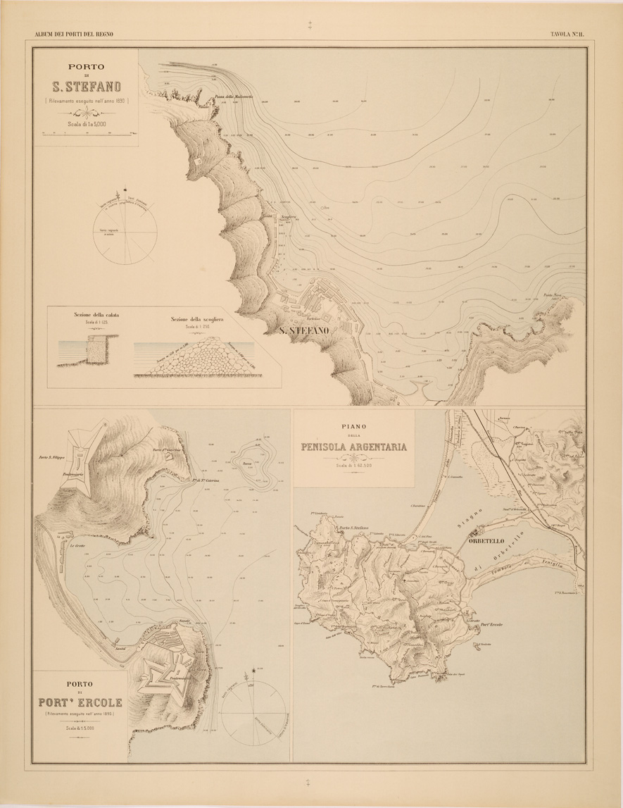 (N:27388) ALBUM DEI PORTI MARITTIMI DEL REGNO D'ITALIA - TAVOLA 11 - PORTI DI S. STEFANO - PORTO ERCOLE - PIANO DELLA PENISOLA ARGENTARIA (SE001038) Carte e stampe antiche: riproduzione a colori su carta (formato A1)