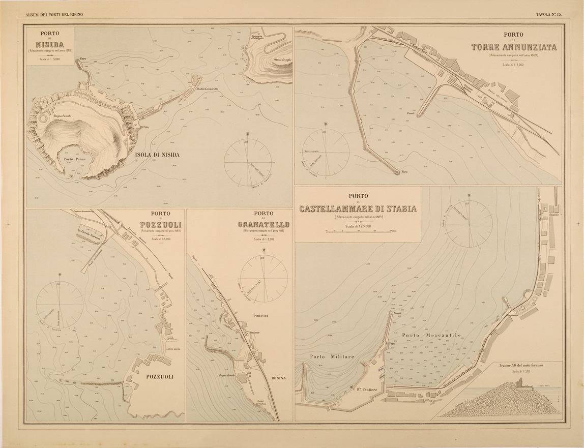 (N:27392) ALBUM DEI PORTI MARITTIMI DEL REGNO D'ITALIA - TAVOLA 15 - PORTI DI NISIDA - POZZUOLI - GRANATELLO - TORRE ANNUNZIATA - CASTELLAMMARE DI STABIA (SE001042) Carte e stampe antiche: riproduzione a colori su carta (formato A1)