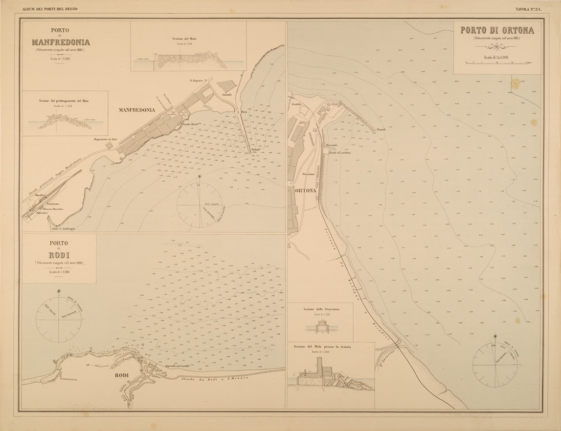 (N:27401) ALBUM DEI PORTI MARITTIMI DEL REGNO D'ITALIA - TAVOLA 24 - PORTI DI MANFREDONIA - RODI - ORTONA (SE001051) Carte e stampe antiche: riproduzione a colori su carta (formato A1)