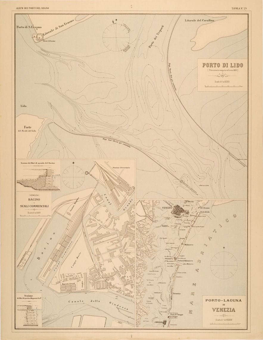 (N:27406) ALBUM DEI PORTI MARITTIMI DEL REGNO D'ITALIA - TAVOLA 29 - PORTO DI LIDO - BACINO E SCALI COMMERCIALI DI VENEZIA - PORTO LAGUNA DI VENEZIA (SE001056) Carte e stampe antiche: riproduzione a colori su carta (formato A1)
