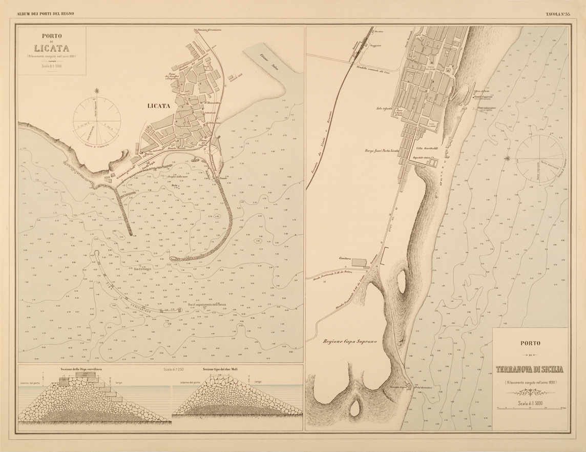 (N:27412) ALBUM DEI PORTI MARITTIMI DEL REGNO D'ITALIA - TAVOLA 35 - PORTI DI LICATA - TERRANOVA DI SICILIA (SE001062) Carte e stampe antiche: riproduzione a colori su carta (formato A1)