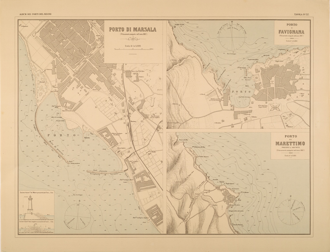 (N:27414) ALBUM DEI PORTI MARITTIMI DEL REGNO D'ITALIA - TAVOLA 37 - PORTI DI MARSALA - FAVIGNANA - MARETTIMO (SE001064) Carte e stampe antiche: riproduzione a colori su carta (formato A1)