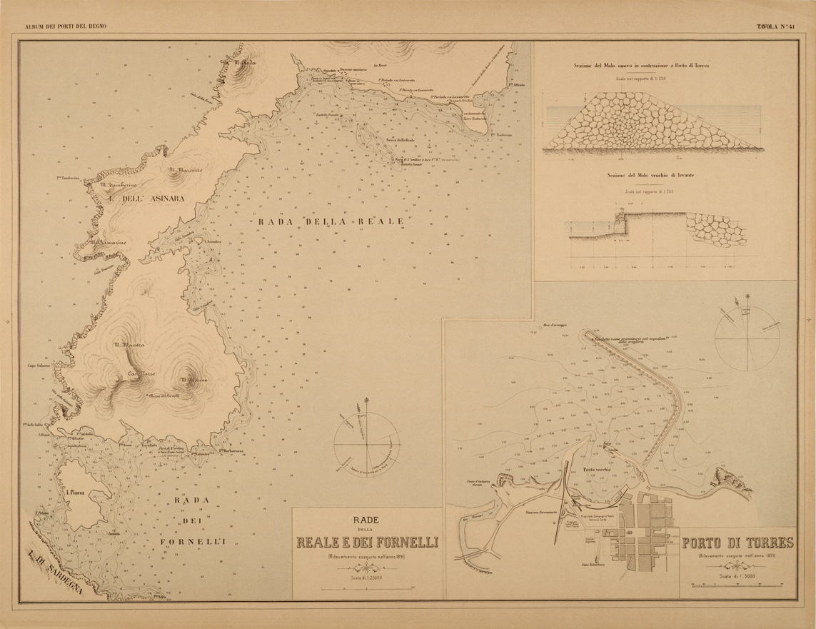 (N:27418) ALBUM DEI PORTI MARITTIMI DEL REGNO D'ITALIA - TAVOLA 41 - RADE DELLA REALE E DEI FORNELLI - PORTO DI TORRES (SE001068) Carte e stampe antiche: riproduzione a colori su carta (formato A1)