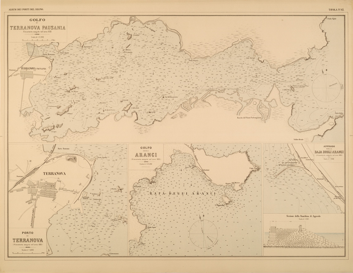 (N:27420) ALBUM DEI PORTI MARITTIMI DEL REGNO D'ITALIA - TAVOLA 43 - GOLFI DI TERRANOVA PAUSANIA - ARANCI - PORTO DI TERRANOVA - APPRODO DELLA BAIA DEGLI ARANCI (SE001070) Carte e stampe antiche: riproduzione a colori su carta (formato A1)