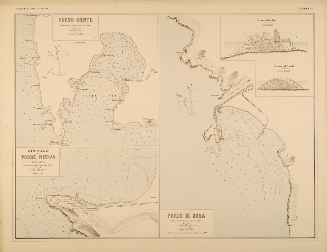 (N:27424) ALBUM DEI PORTI MARITTIMI DEL REGNO D'ITALIA - TAVOLA 47 - PORTI DI BOSA - PORTO CONTE - APPRODO DI TORRE NUOVA (SE001074) Carte e stampe antiche: riproduzione a colori su carta (formato A1)