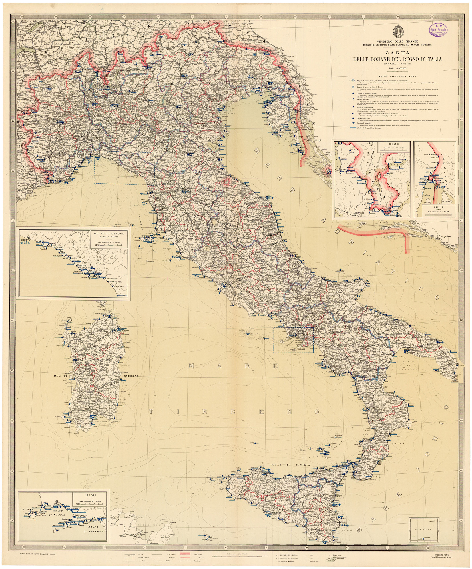 (N:27444) CARTA DELLE DOGANE DEL REGNO D'ITALIA (SE001184) Carte e stampe antiche: riproduzione a colori su carta (formato A1)