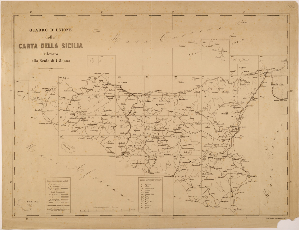 (N:27448) CARTA DELLE PROVINCE MERIDIONALI - QUADRO D'UNIONE DELLA CARTA DELLA SICILIA (SE001191) Carte e stampe antiche: riproduzione a colori su carta (formato A1)