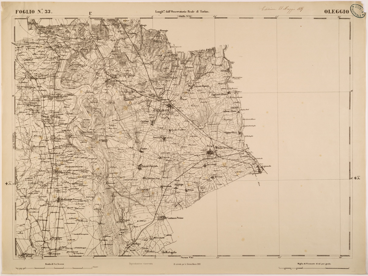 (N:27712) CARTA TOPOGRAFICA DEGLI STATI IN TERRAFERMA DI S. M. IL RE DI SARDEGNA FOGLIO 33 OLEGGIO
 (SE001404) Carte e stampe antiche: riproduzione a colori su carta (formato A1)