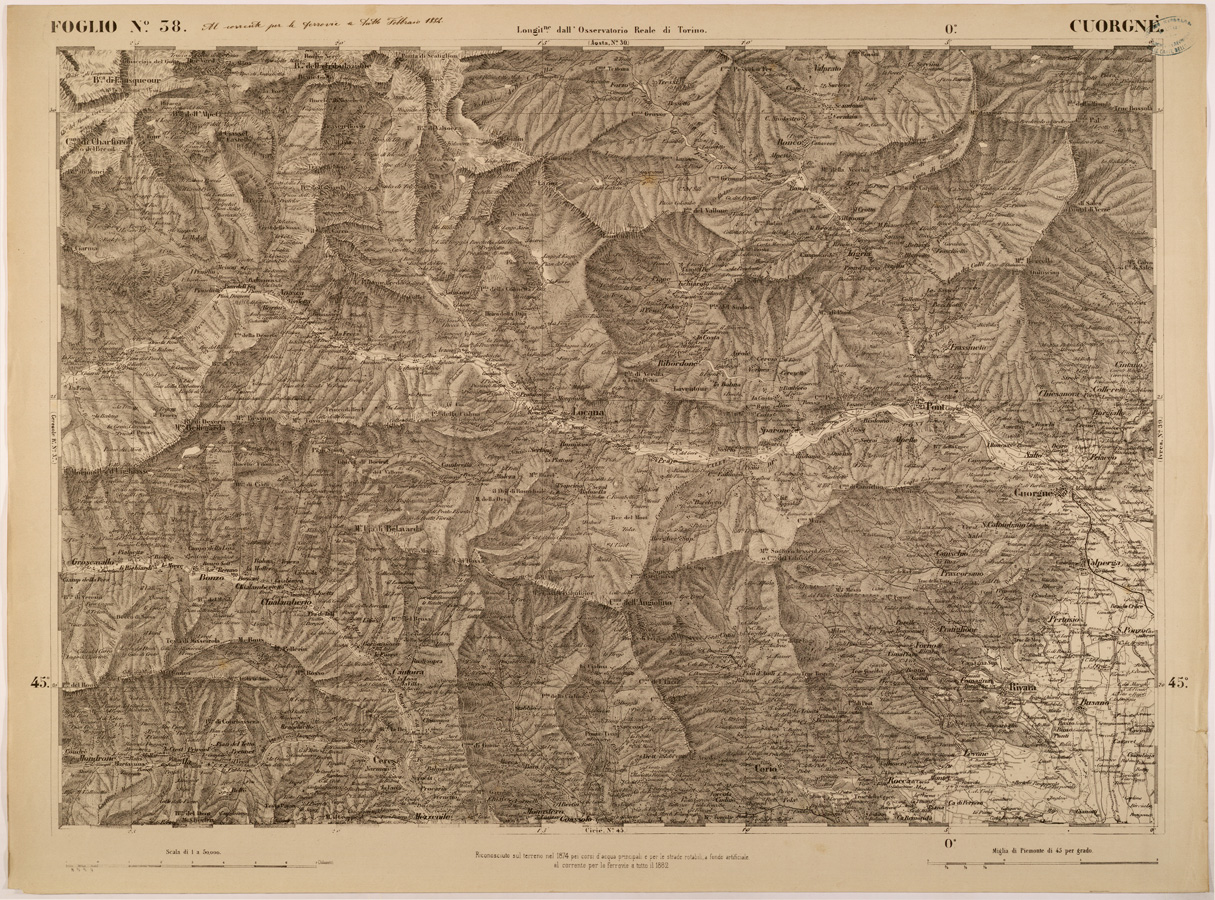 (N:27720) CARTA TOPOGRAFICA DEGLI STATI IN TERRAFERMA DI S. M. IL RE DI SARDEGNA FOGLIO 38 CUORGNE'
 (SE001409) Carte e stampe antiche: riproduzione a colori su carta (formato A1)