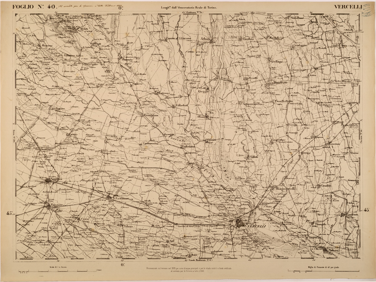 (N:27839) CARTA TOPOGRAFICA DEGLI STATI IN TERRAFERMA DI S. M. IL RE DI SARDEGNA FOGLIO 40 VERCELLI
 (SE001411) Carte e stampe antiche: riproduzione a colori su carta (formato A1)