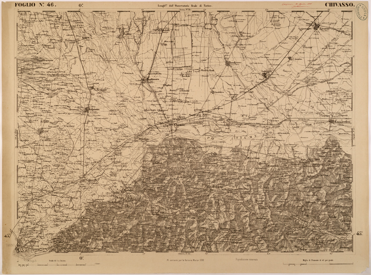 (N:27851) CARTA TOPOGRAFICA DEGLI STATI IN TERRAFERMA DI S. M. IL RE DI SARDEGNA FOGLIO 46 CHIVASSO
 (SE001417) Carte e stampe antiche: riproduzione a colori su carta (formato A1)