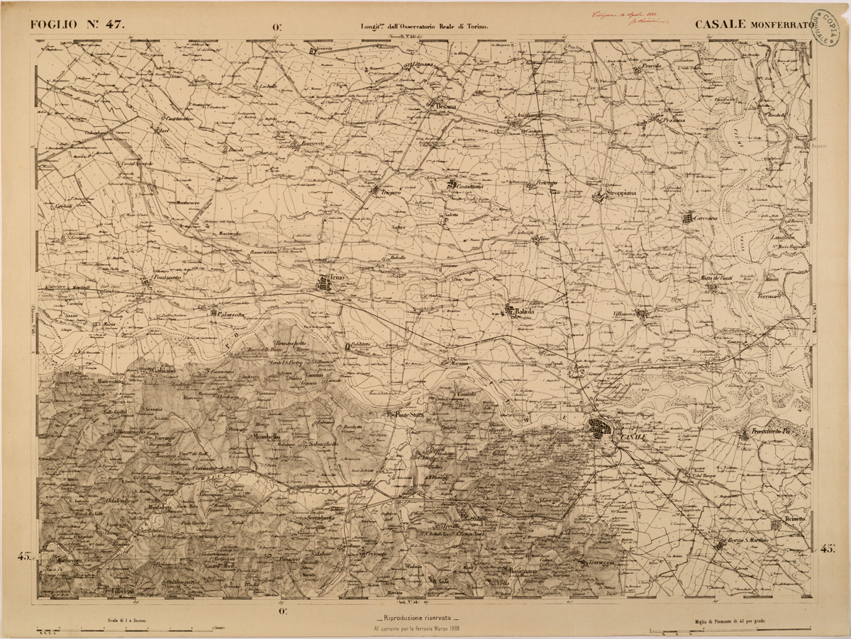 (N:27852) CARTA TOPOGRAFICA DEGLI STATI IN TERRAFERMA DI S. M. IL RE DI SARDEGNA FOGLIO 47 CASALE MONFERRATO
 (SE001418) Carte e stampe antiche: riproduzione a colori su carta (formato A1)