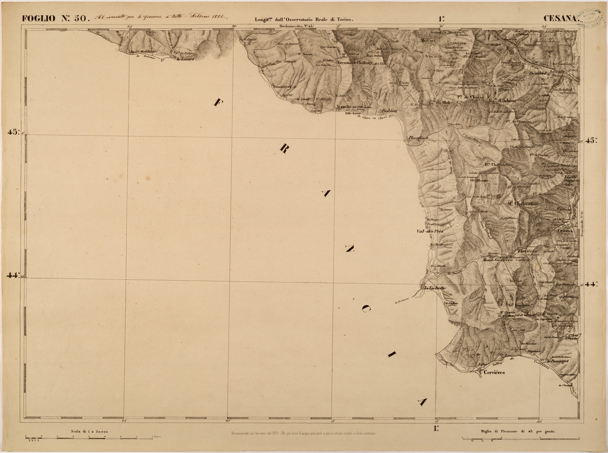 (N:27855) CARTA TOPOGRAFICA DEGLI STATI IN TERRAFERMA DI S. M. IL RE DI SARDEGNA FOGLIO 50 CESANA
 (SE001421) Carte e stampe antiche: riproduzione a colori su carta (formato A1)