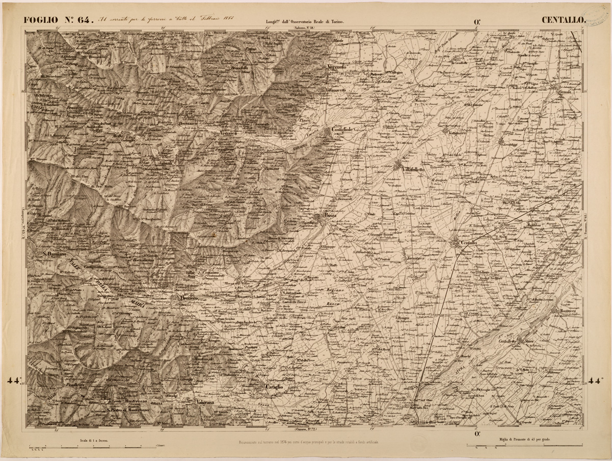 (N:27878) CARTA TOPOGRAFICA DEGLI STATI IN TERRAFERMA DI S. M. IL RE DI SARDEGNA FOGLIO 65 CENTALLO
 (SE001435) Carte e stampe antiche: riproduzione a colori su carta (formato A1)