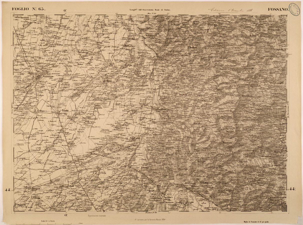 (N:27879) CARTA TOPOGRAFICA DEGLI STATI IN TERRAFERMA DI S. M. IL RE DI SARDEGNA FOGLIO 65 FOSSANO
 (SE001436) Carte e stampe antiche: riproduzione a colori su carta (formato A1)