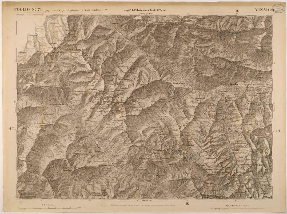 (N:27885) CARTA TOPOGRAFICA DEGLI STATI IN TERRAFERMA DI S. M. IL RE DI SARDEGNA FOGLIO 71 VINADIO
 (SE001442) Carte e stampe antiche: riproduzione a colori su carta (formato A1)