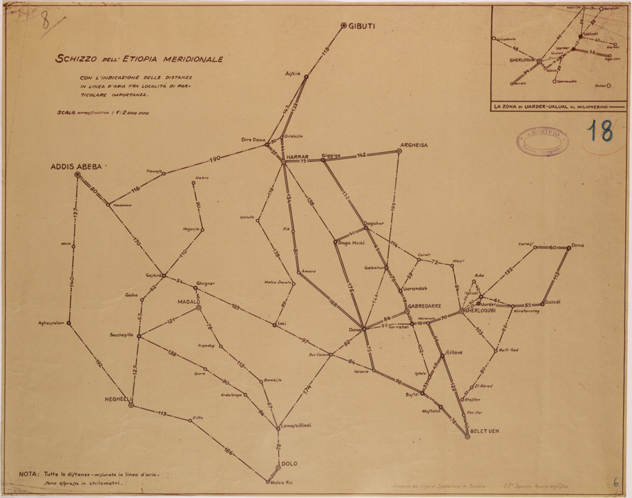 (N:28251) SCHIZZO DELL'ETIOPIA MERIDIONALE CON L'INDICAZIONE DELLE DISTANZE (SE002095) Carte e stampe antiche: riproduzione a colori su carta (formato A1)