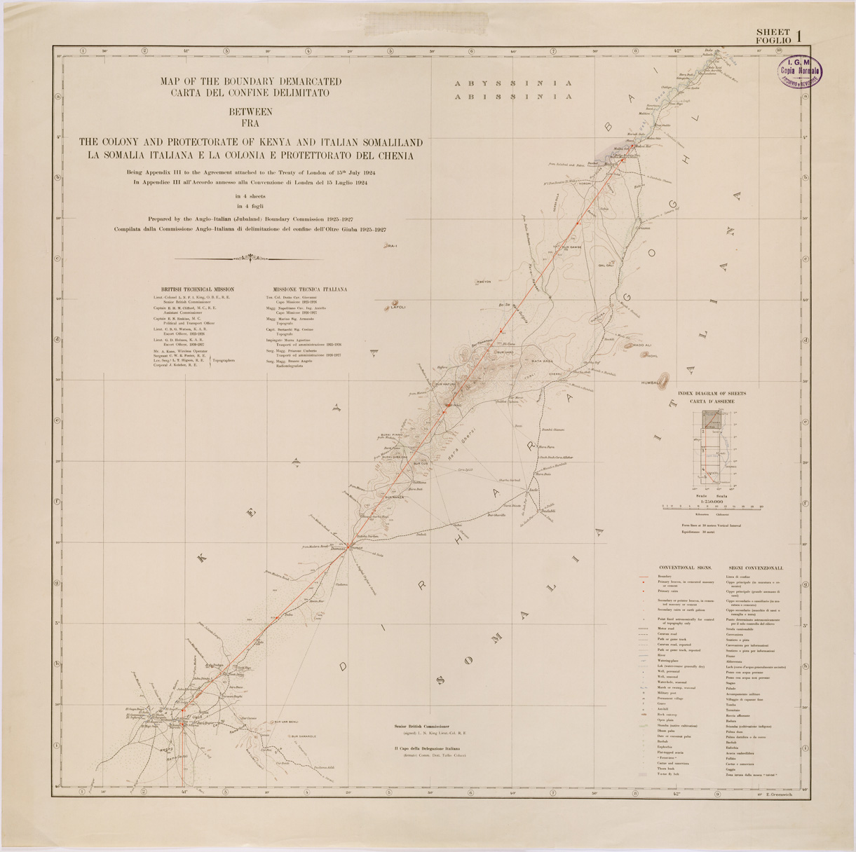 (N:28432) CARTA DEL CONFINE DELIMITATO FRA LA SOMALIA ITALIANA E LA COLONIA E PROTETTORATO DEL CHENIA ( KENIA ) FOGLIO 1 (SE002193) Carte e stampe antiche: riproduzione a colori su carta (formato A1)