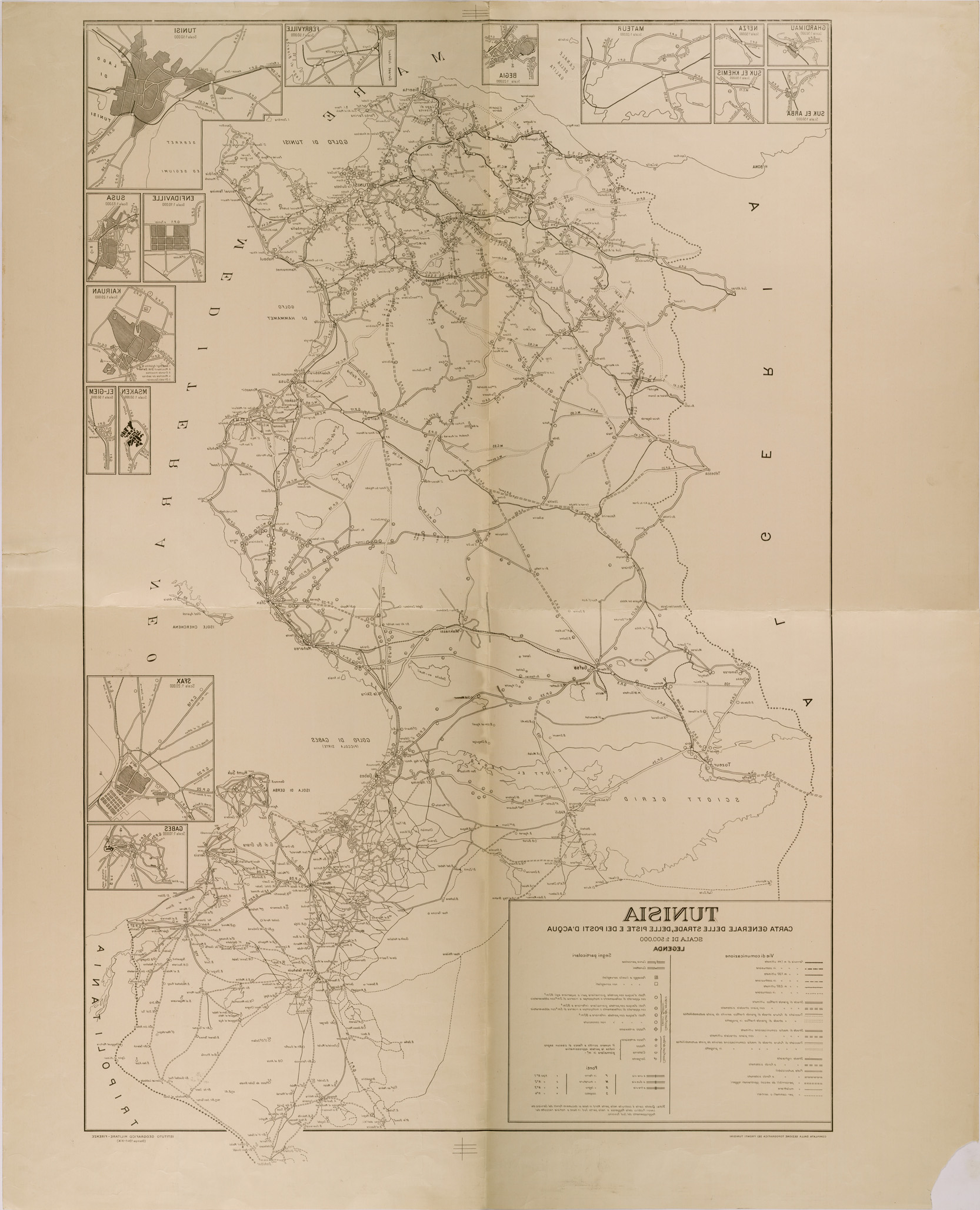 (N:29228) TUNISIA CARTA GENERALE DELLE STRADE DELLE PISTE E DEI CORSI D'ACQUA (SE003009) Carte e stampe antiche: riproduzione a colori su carta (formato A1)