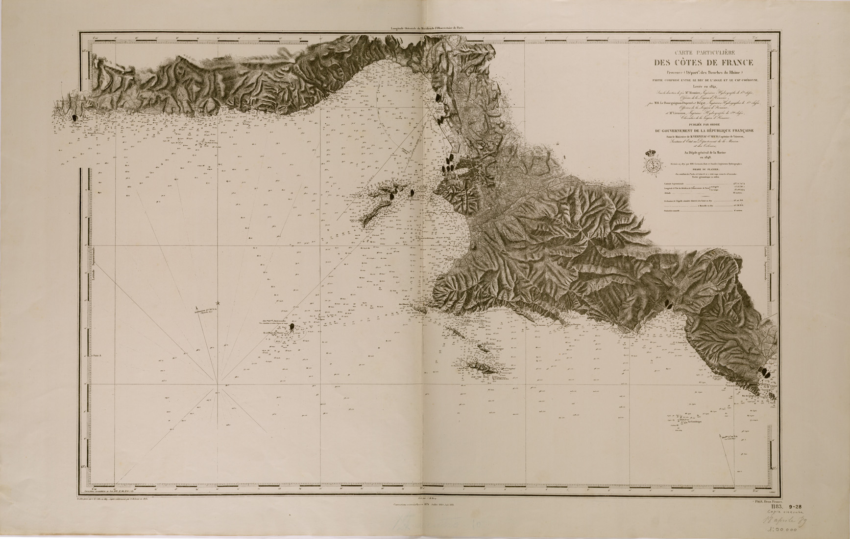 (N:29477) CARTE PARTICULIERE DES COTES DE FRANCE PARTIE COMPRISE ENTRE LE BEC DE L'AIGLE ET LE CAP COURONNE (SE003286) Carte e stampe antiche: riproduzione a colori su carta (formato A1)
