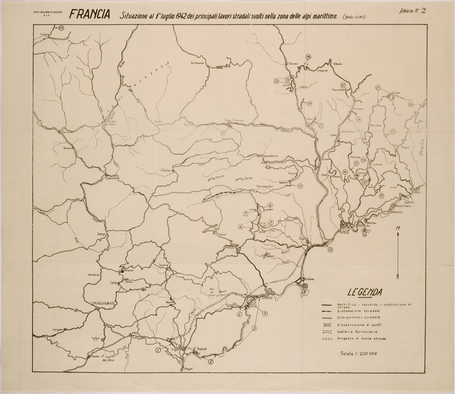 (N:29499) LAVORI STRADALI NEL SETTORE ALPI MARITTIME (FRANCIA) SCHIZZO N 2 SITUAZIONE AL 1 LUGLIO 1942 (SE003312) Carte e stampe antiche: riproduzione a colori su carta (formato A1)