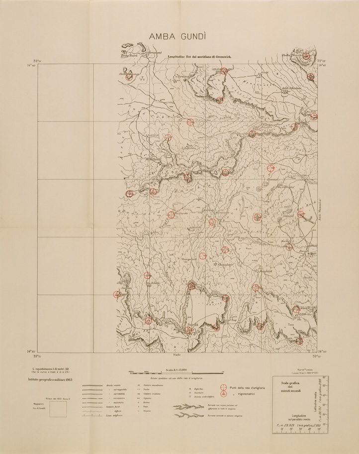 (N:29724) CARTA DELL'ERITREA - FOGLIO 2063 I NE - AMBA GUNDI - COPIA CON I PUNTI D'ARTIGLIERIA IN ROSSO (SE003603) Carte e stampe antiche: riproduzione a colori su carta (formato A1)